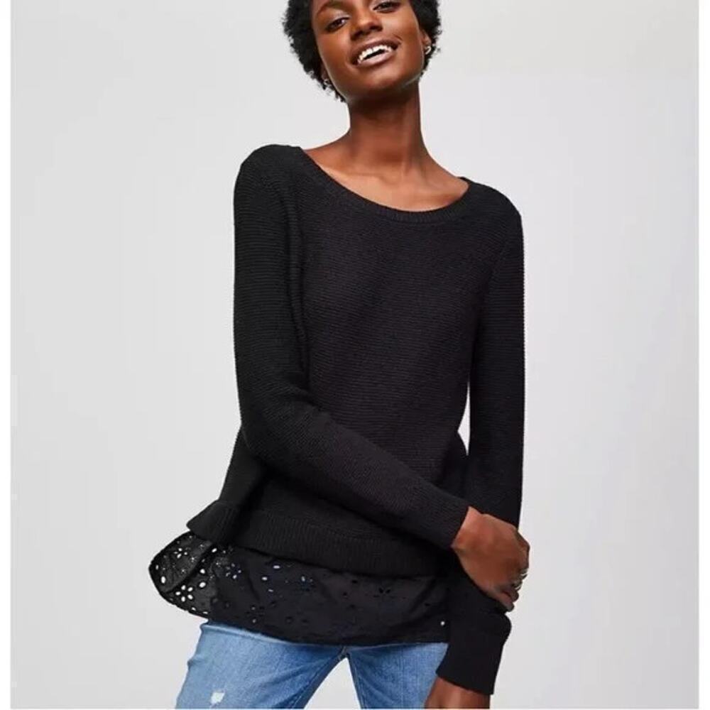 Ann Taylor LOFT Size Medium Layered Look Eyelet Hem Sweater Black 100% Cotton